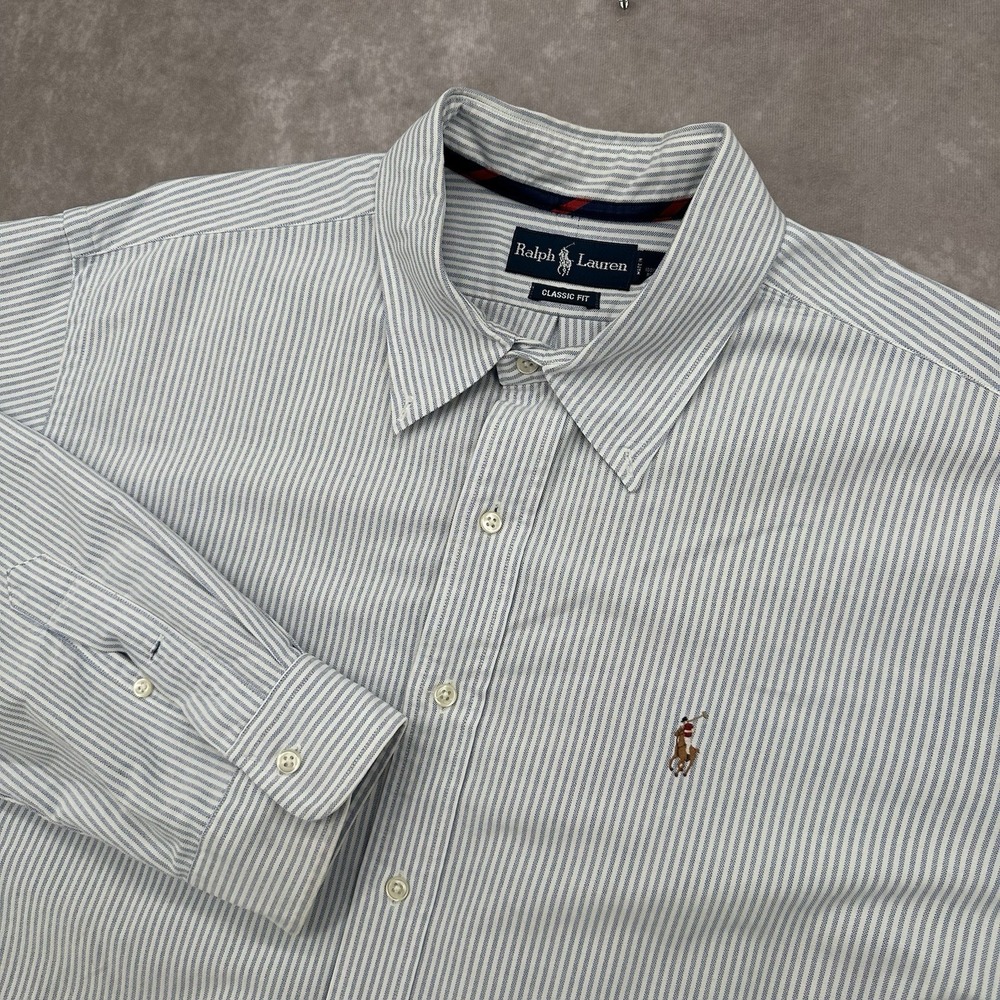 Vintage Ralph Lauren 2XL Classic Fit Blue White Stripe Polo Horse Shirt